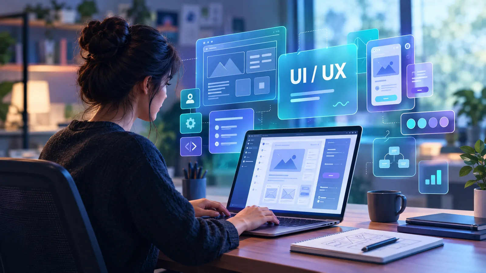 UI/UX designer working on a laptop surrounded by floating wireframes, mobile app screens, and interface components