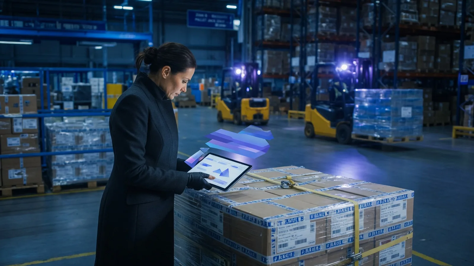 Wholesale buyer reviewing a pallet of goods on a tablet in a warehouse aisle with forklifts behind her