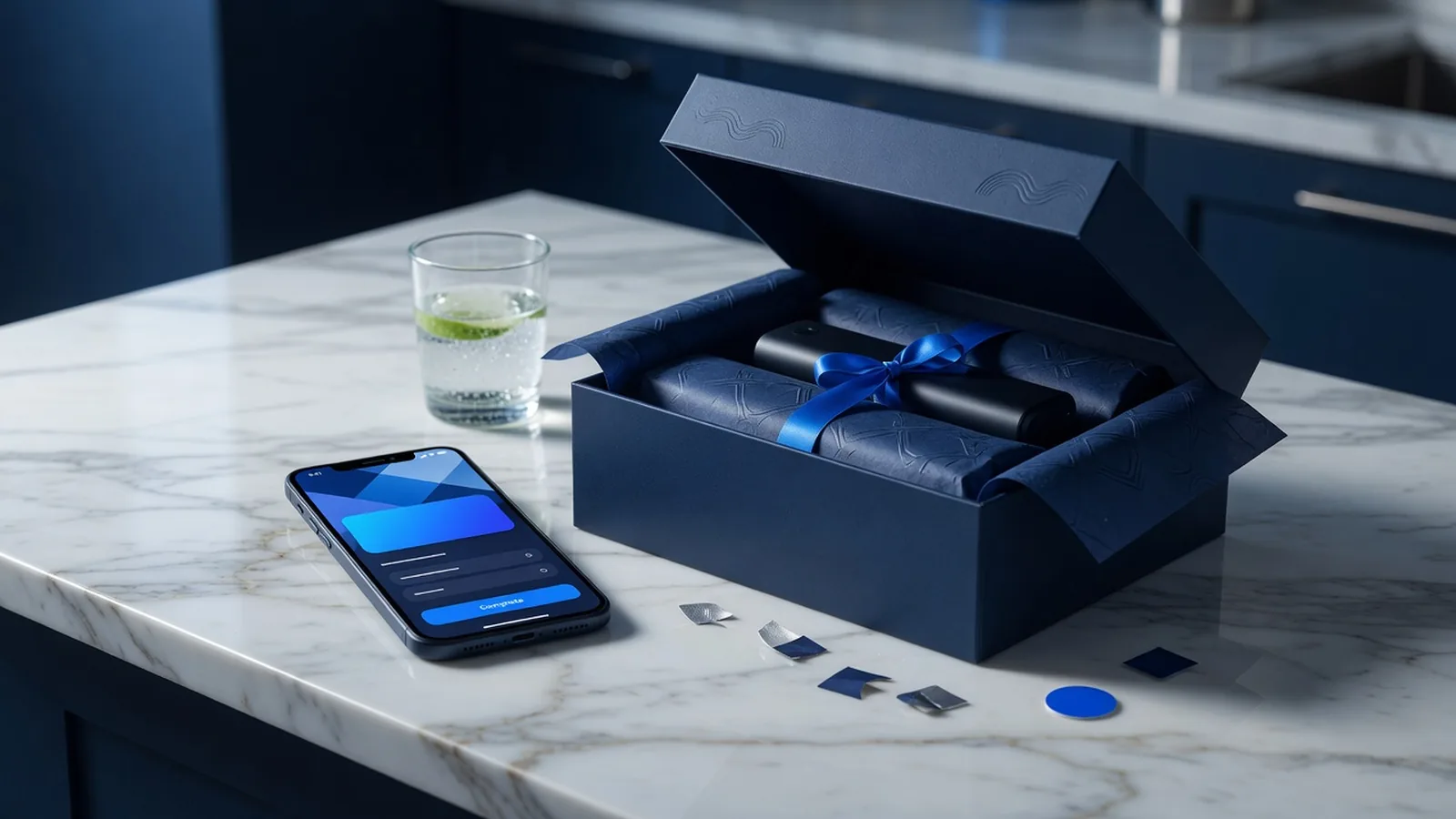Premium product box opening on a marble kitchen island next to a phone showing a one-page checkout