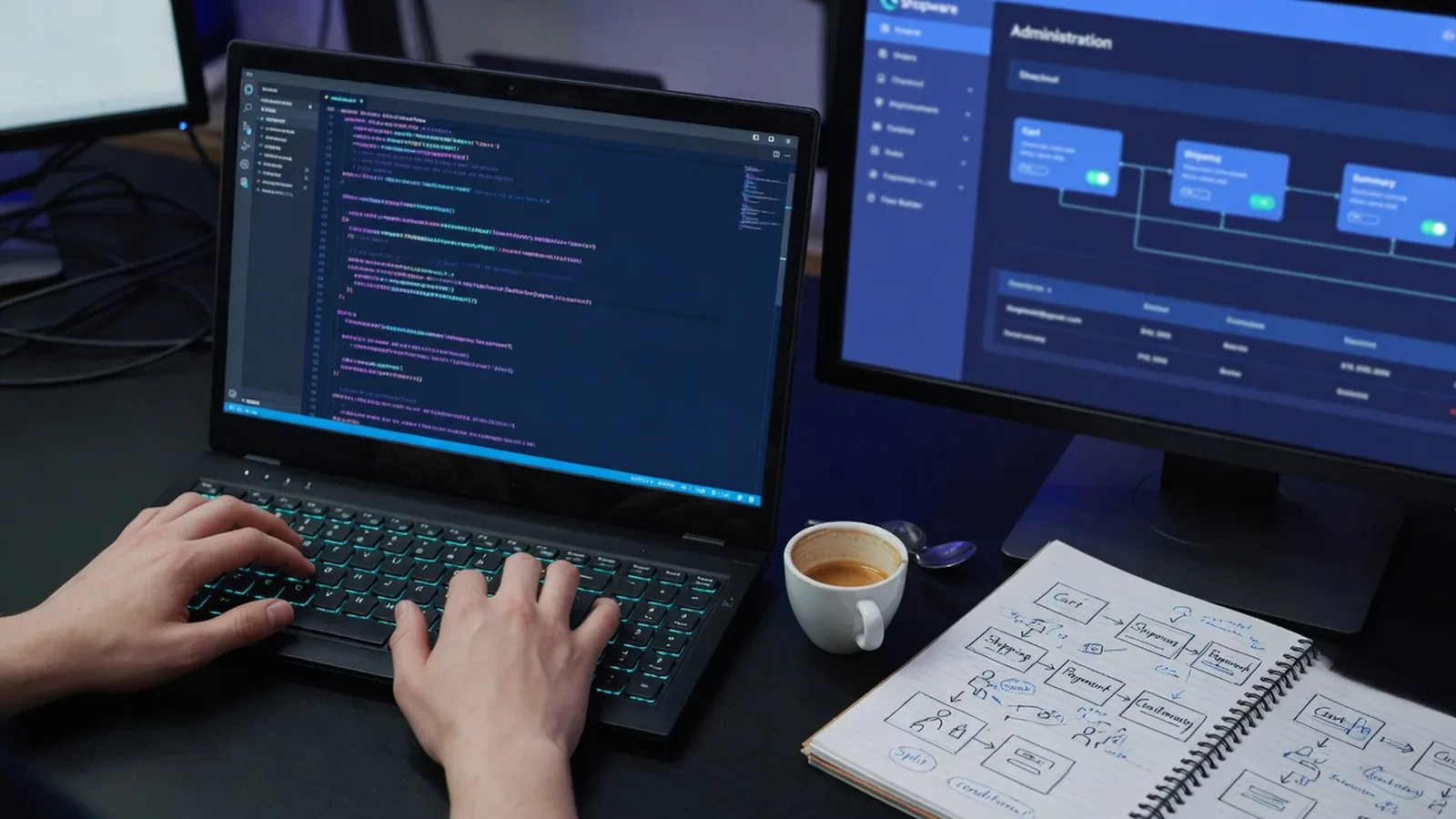 Developer writing custom store logic on a dark IDE with checkout-flow sketches on a notebook beside the keyboard