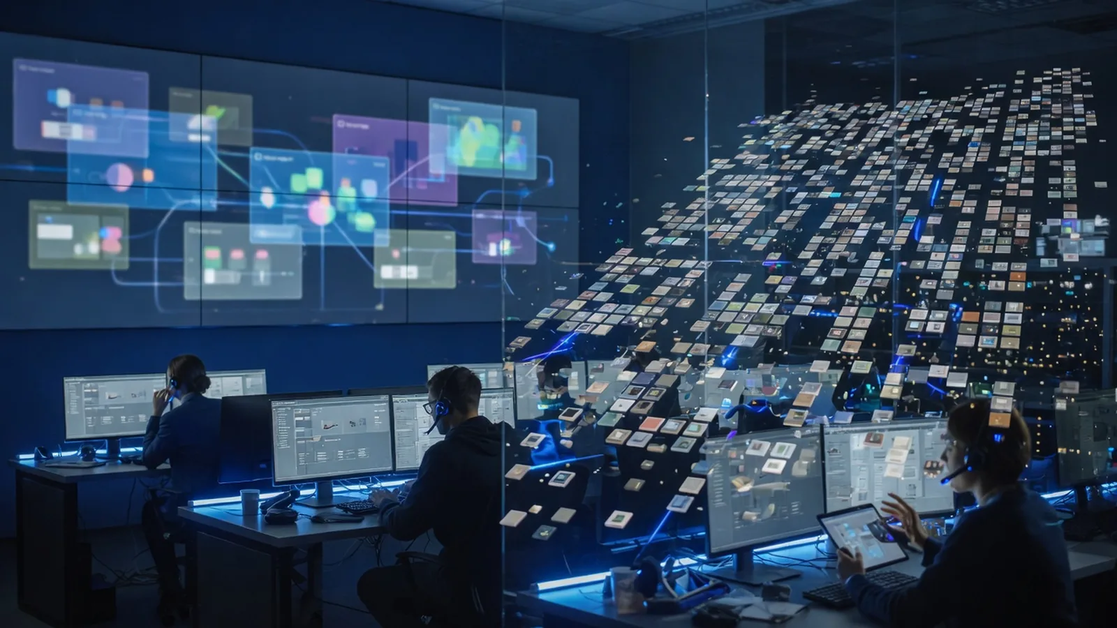 Enterprise commerce command center with a wall of catalog dashboards and operators at consoles