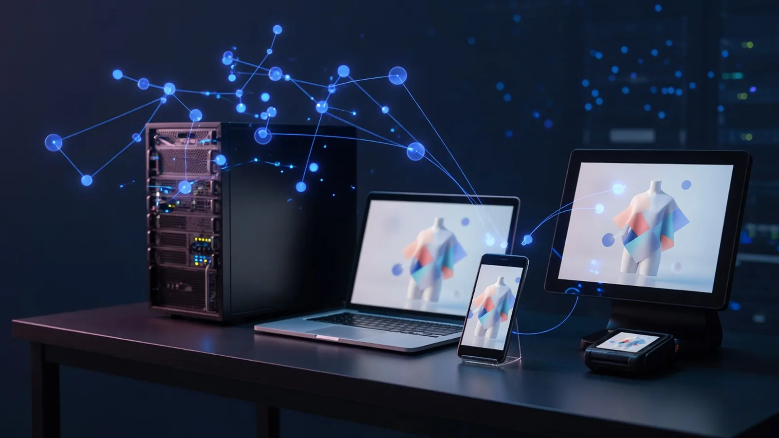 Backend server connected by a constellation of blue nodes to a phone, laptop, and kiosk showing the same catalog