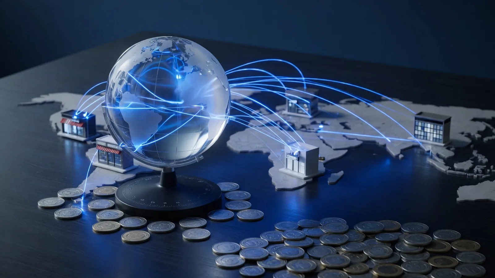 Glass globe on a dark desk with electric-blue shipping routes arcing to miniature storefronts on other continents