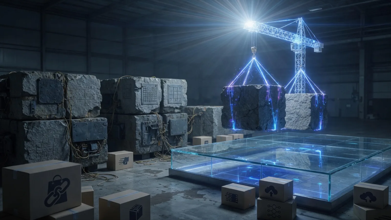 Heavy legacy server blocks being lifted onto a clean glass platform in a dark warehouse