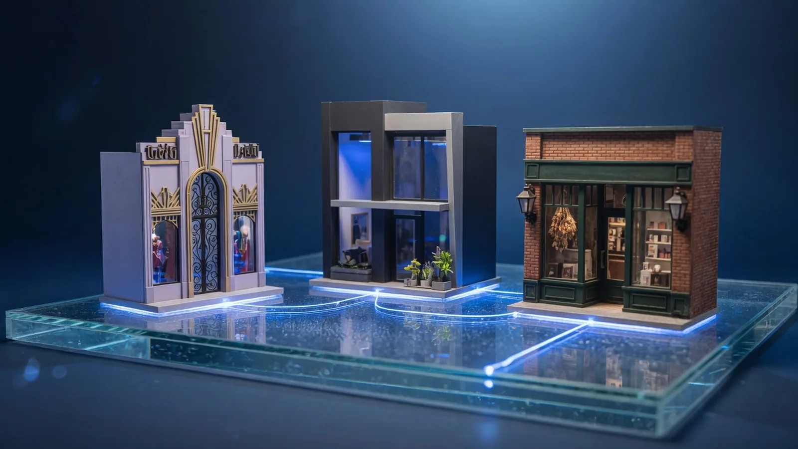 Three distinct boutique storefront models sitting on one shared glass backend platform, linked by blue light