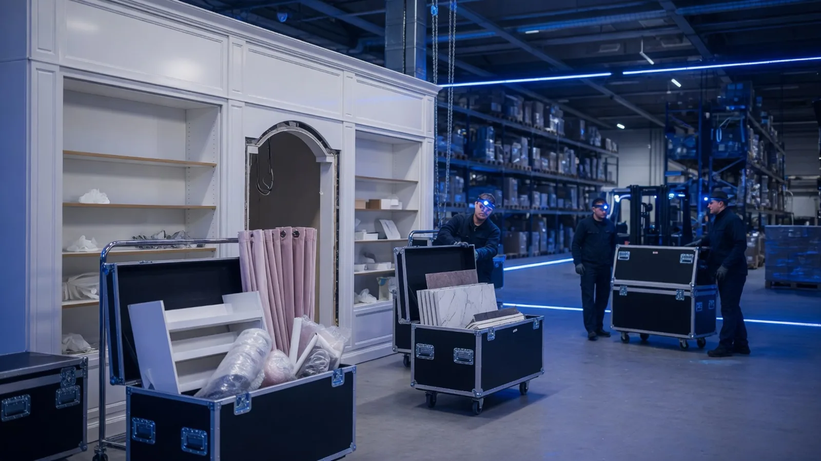 Boutique storefront packed into flight cases and wheeled into a larger blue-lit commerce warehouse