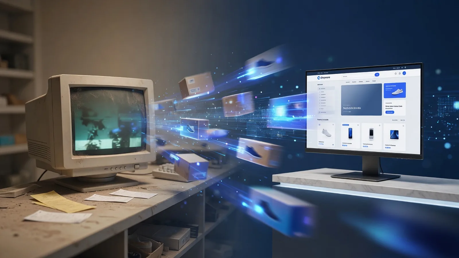 Older shop counter dissolving into a modern storefront display, with product boxes migrating through blue light