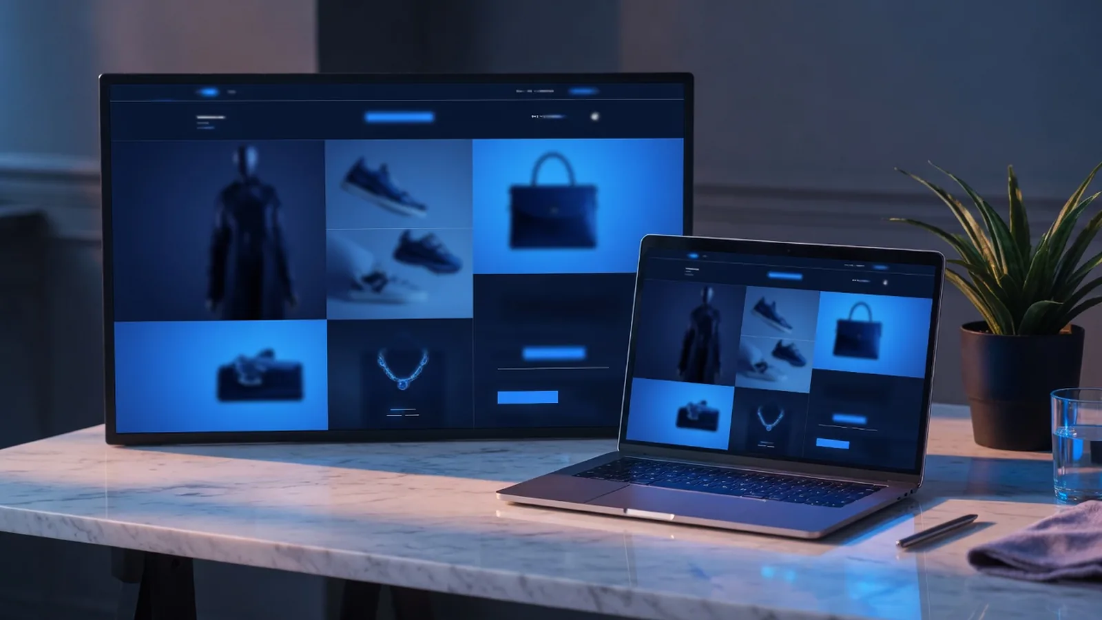 Laptop and studio monitor showing a premium fashion ecommerce storefront on a marble desk