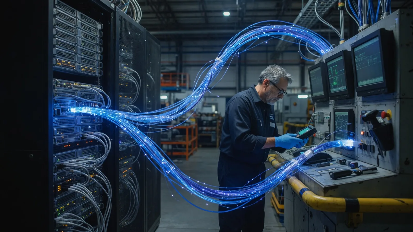 Engineer inspecting a ribbon of luminous fiber-optic cables linking a server rack to a warehouse terminal