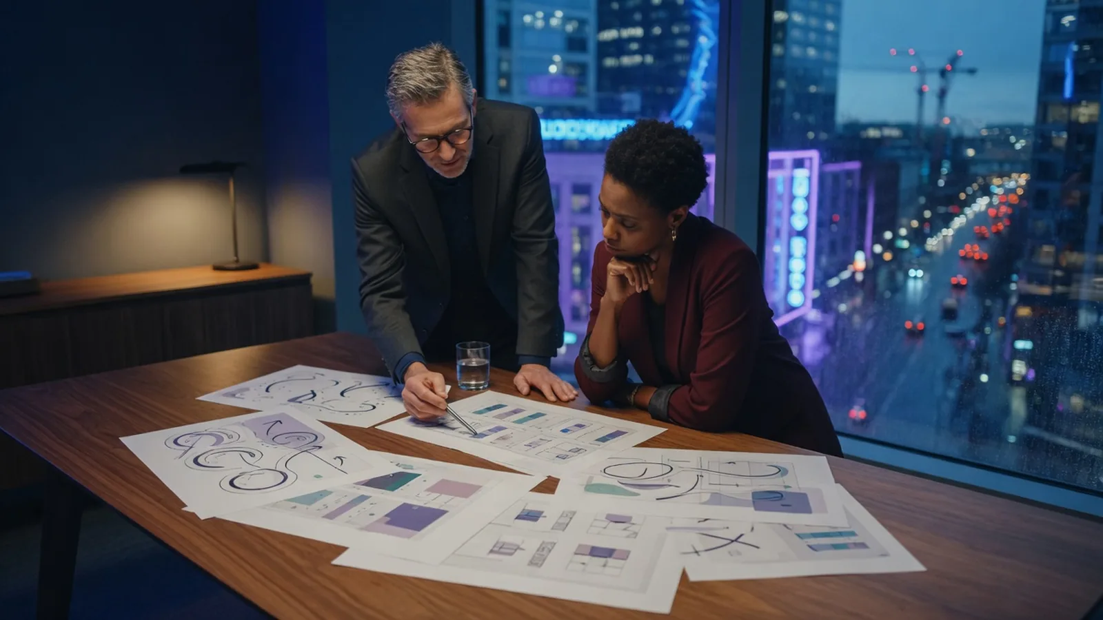 Advisor and merchant reviewing store-architecture printouts at a walnut table against a blue-hour city window