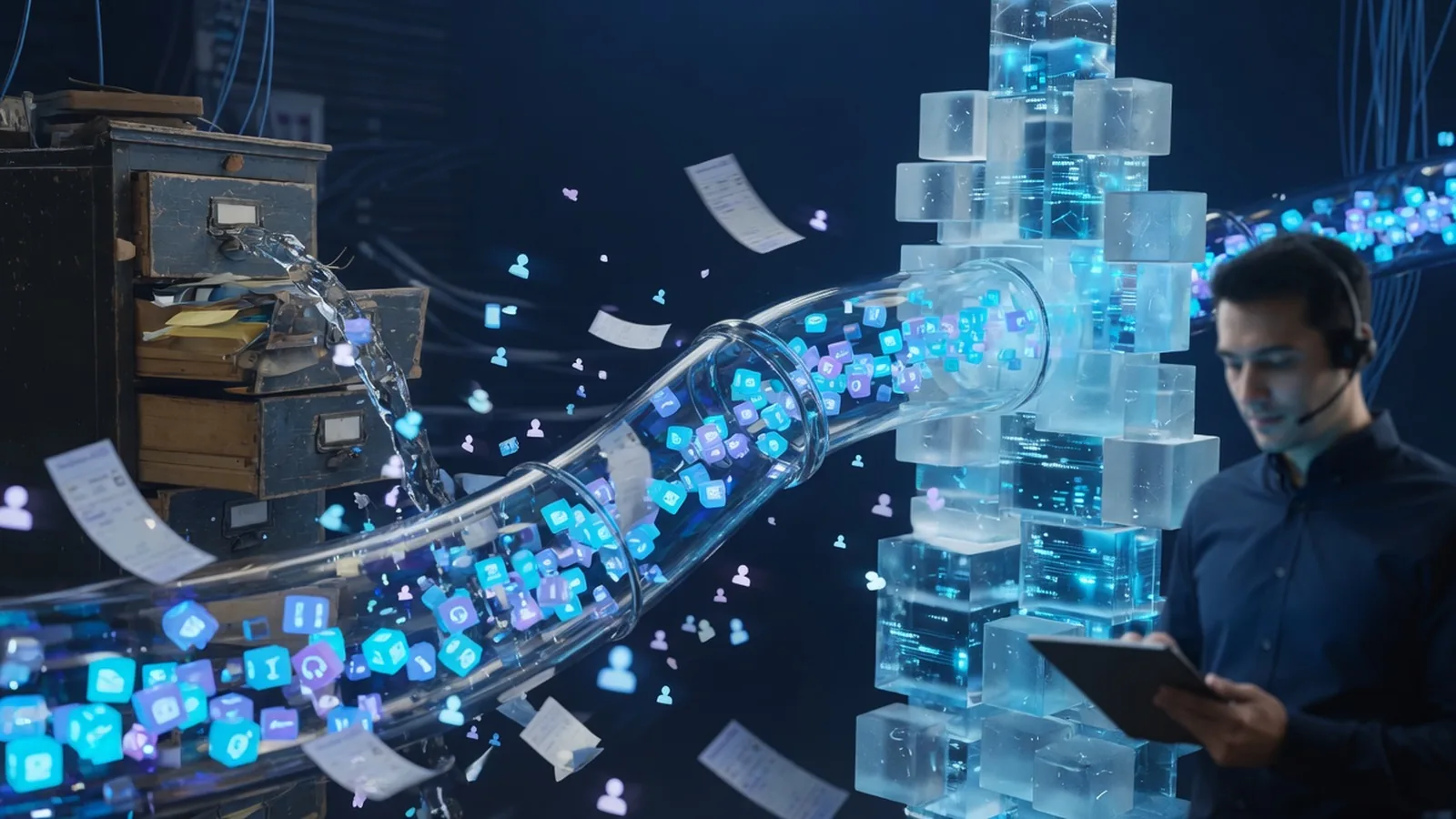 Glowing product cubes and order tickets streaming through a glass pipeline into a crystalline database sculpture