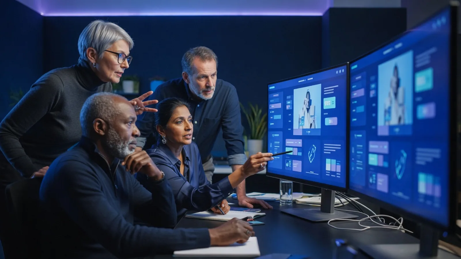 Four senior engineers reviewing an ecommerce storefront on dual ultrawide monitors in a navy-lit studio