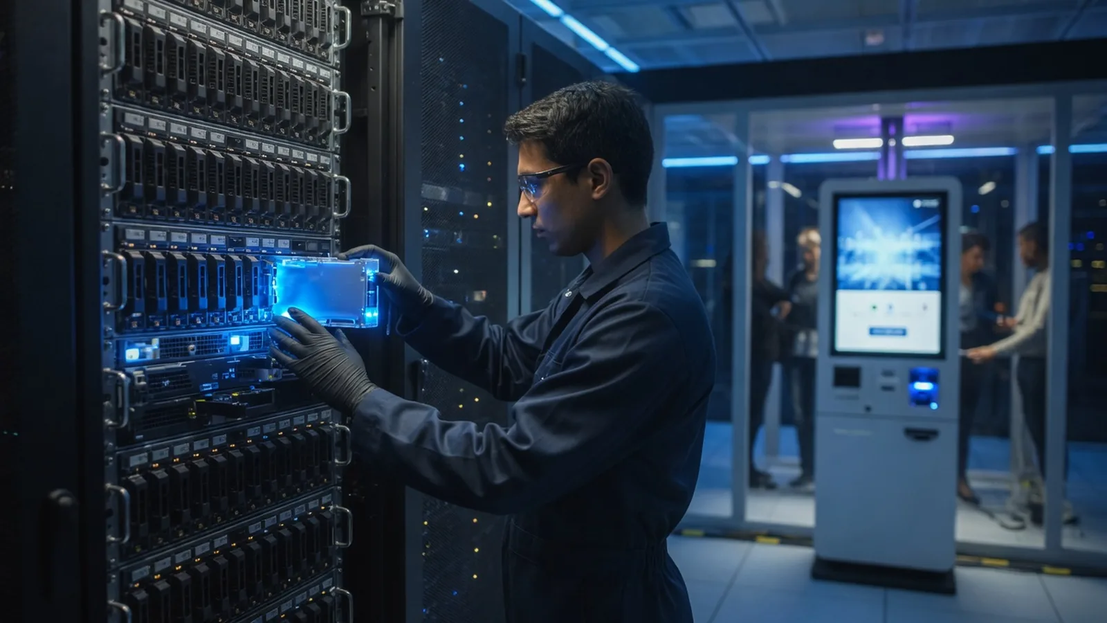 Technician replacing a glowing module in a server cage while a storefront kiosk stays lit in the background