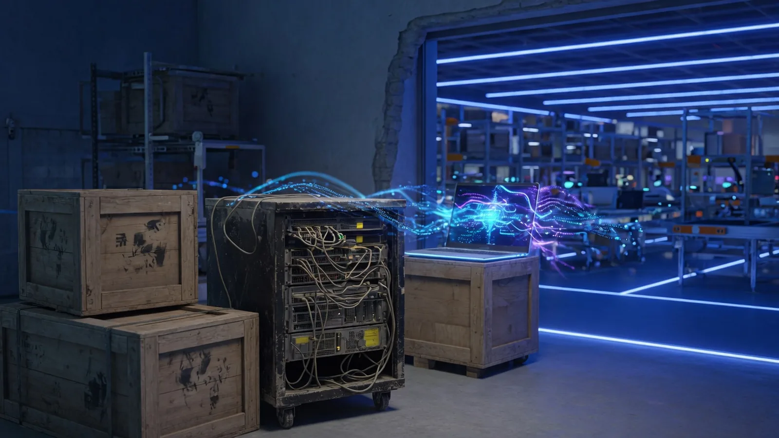 Wooden shipping crates and a dusty server rack in the foreground with a modern blue-lit fulfillment floor behind them