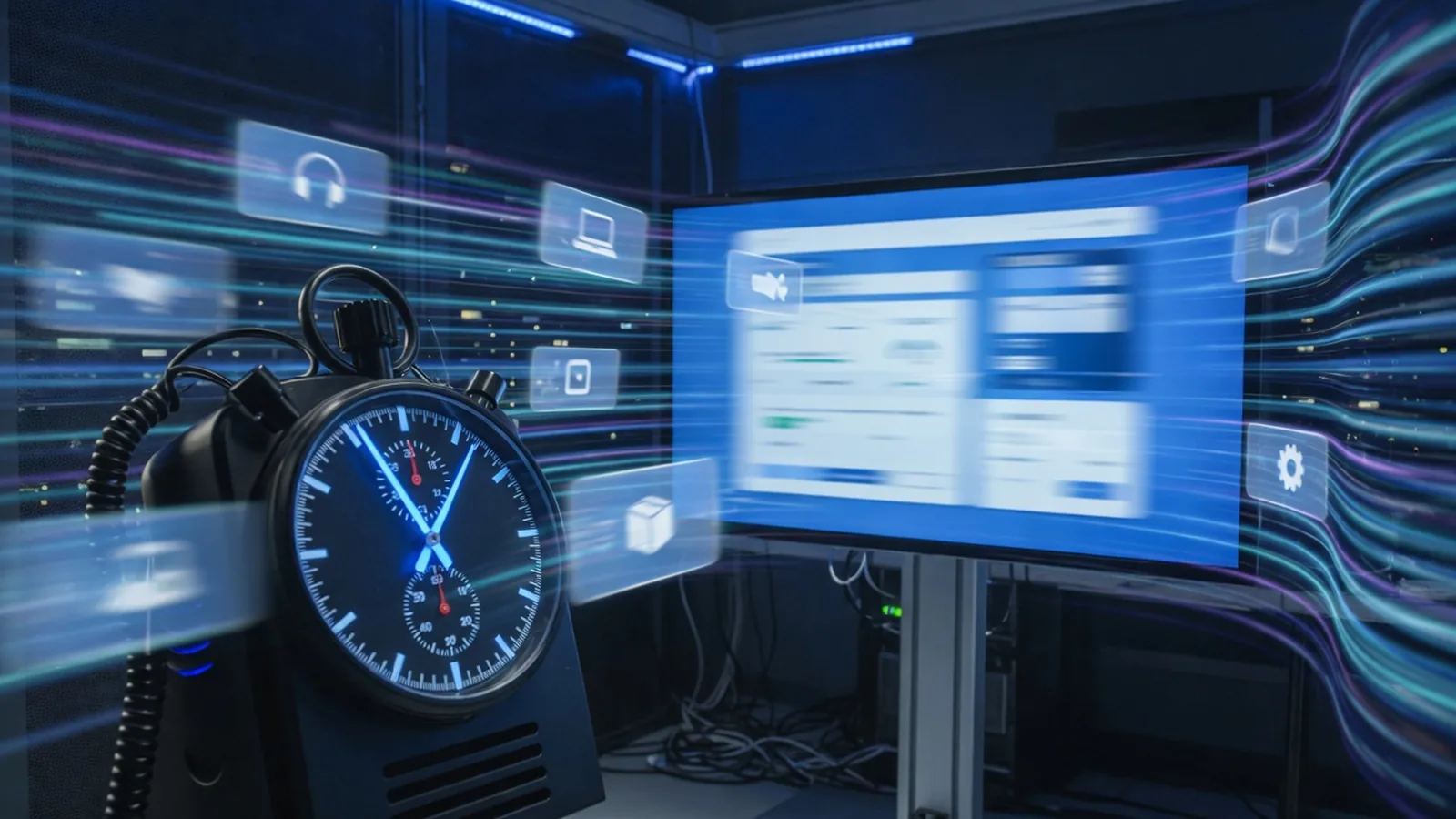 Performance lab with a stopwatch instrument and a checkout page on a monitor surrounded by motion-blurred product cards