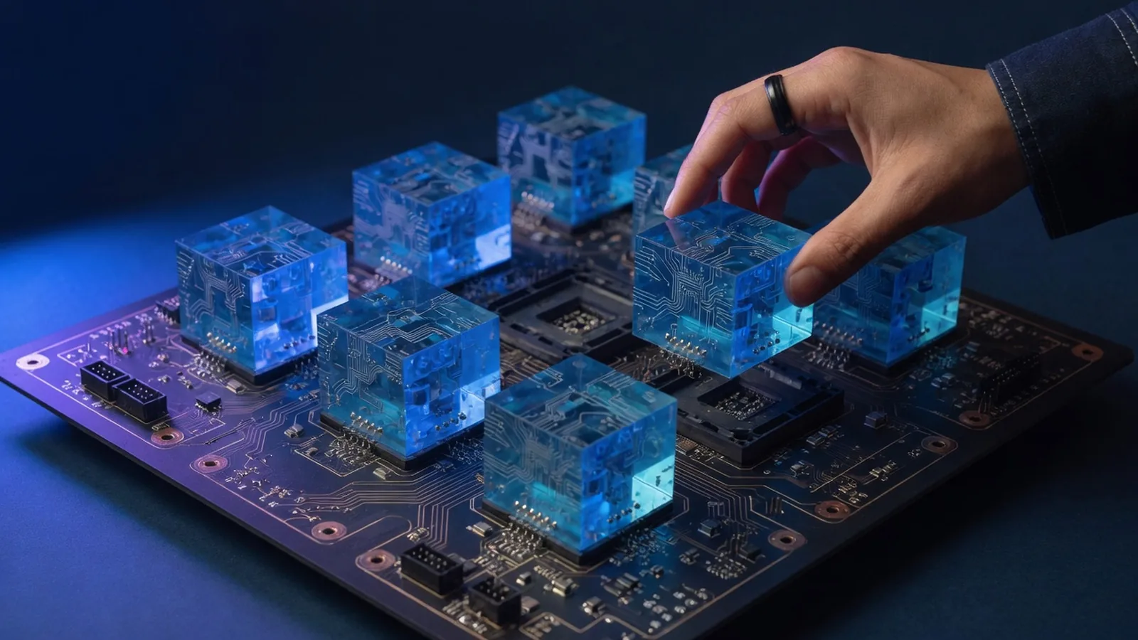Hand placing a glowing blue acrylic module onto a circuit board, illustrating a plugin architecture