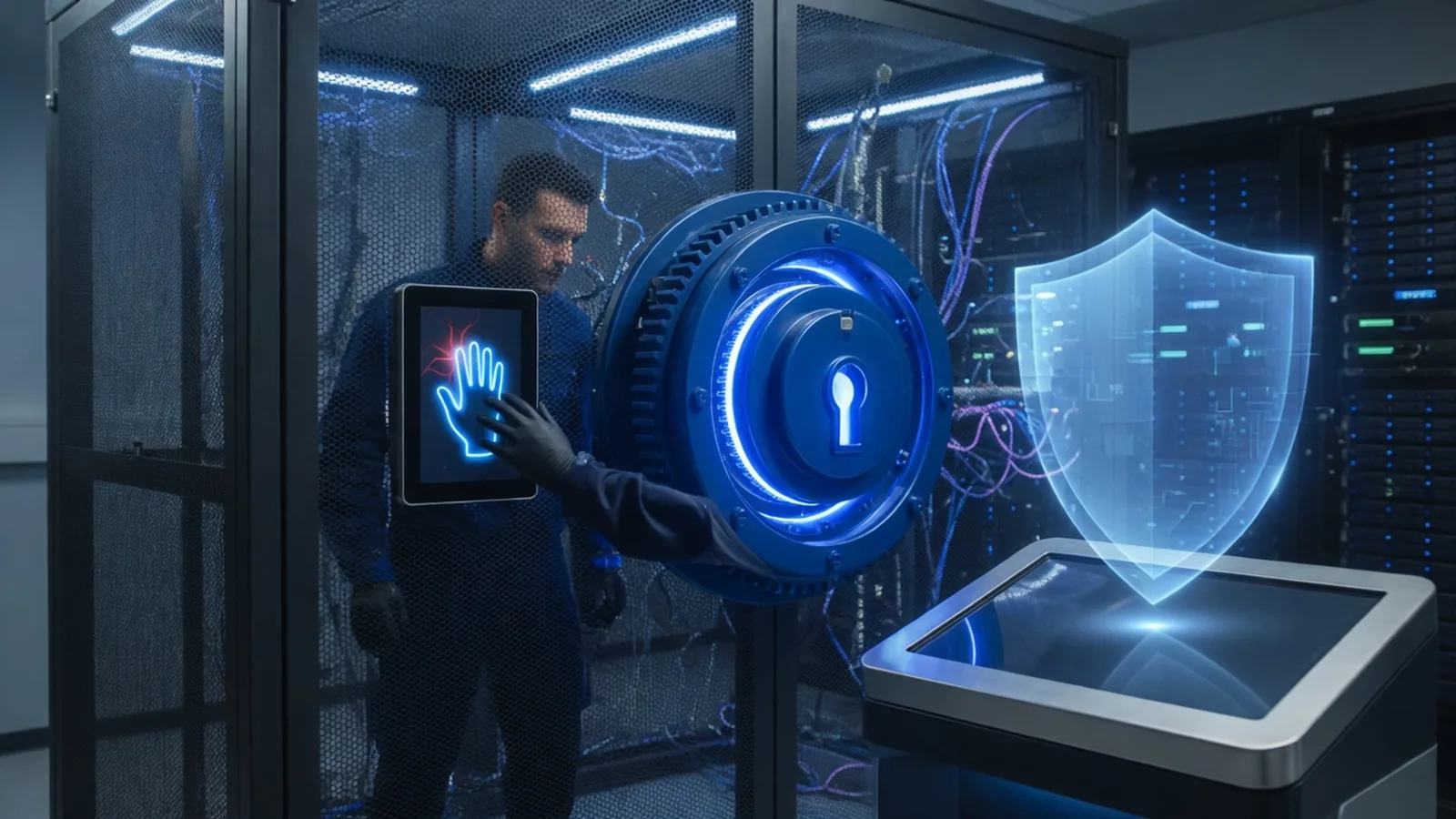 Engineer at a biometric panel beside a vault-like server cage with a cobalt lock mechanism