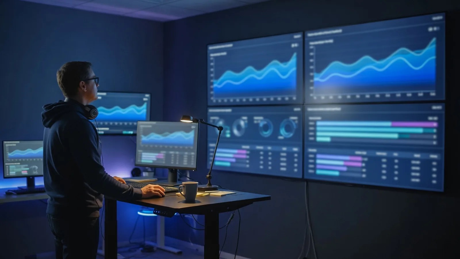 Support engineer at a standing desk watching wall-sized store-health dashboards in a quiet night operations room