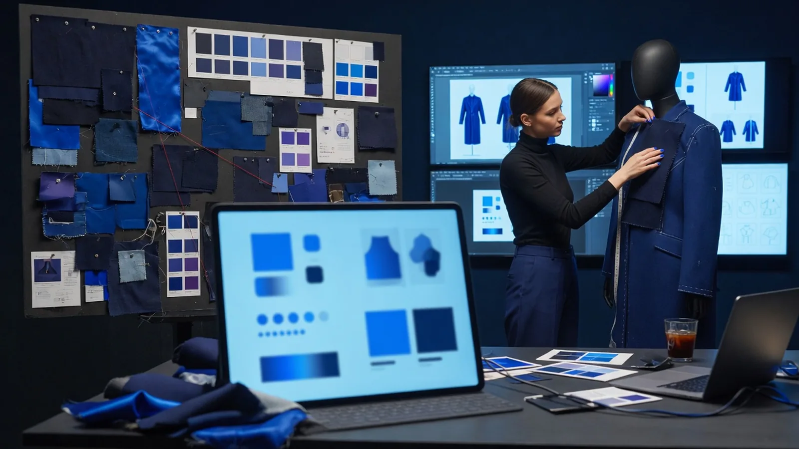 Designer matching navy fabric swatches to a mannequin beside a tablet showing an abstract storefront theme