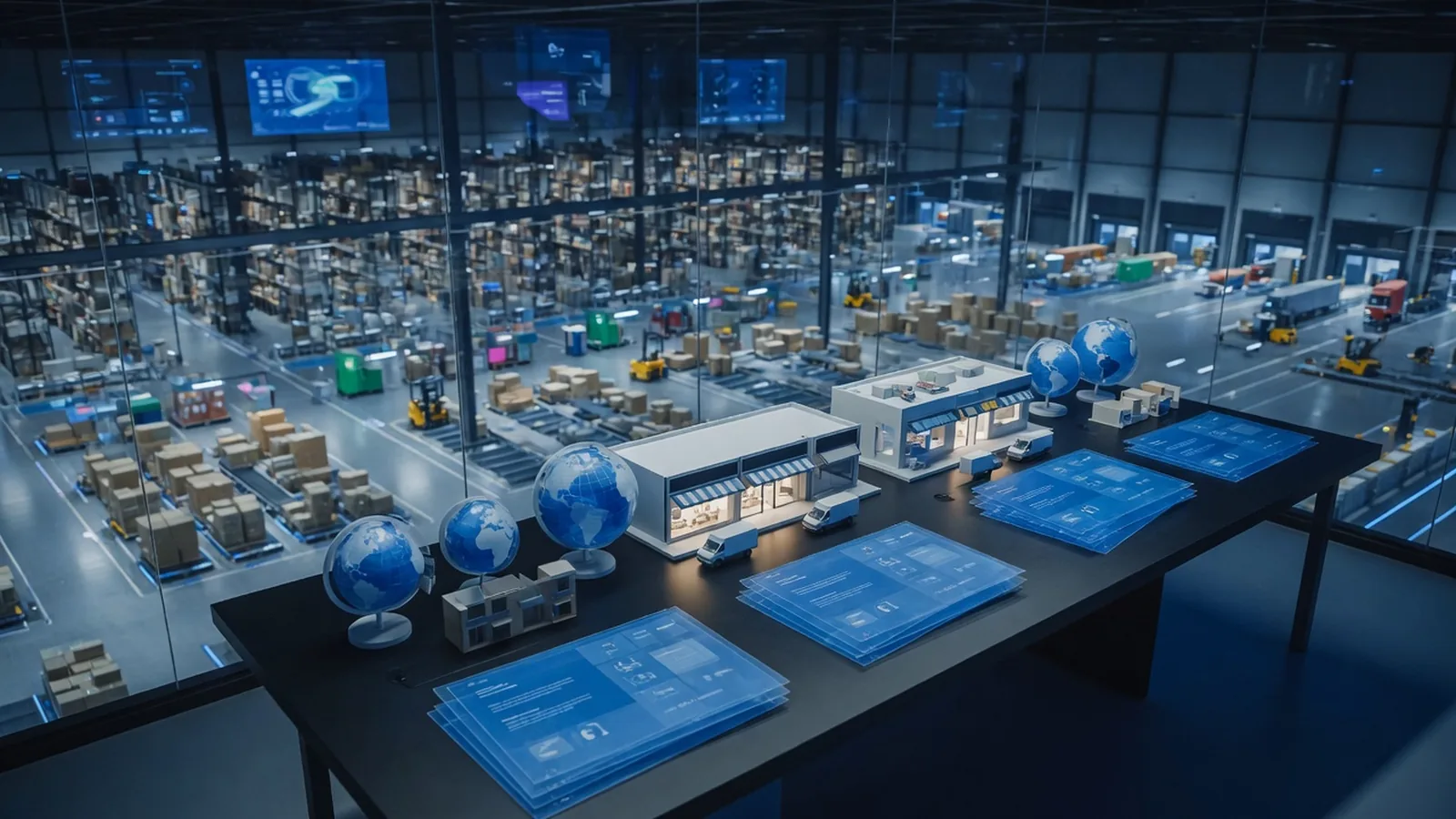 Commerce control room overlooking a warehouse through floor-to-ceiling glass, with storefront models on the table