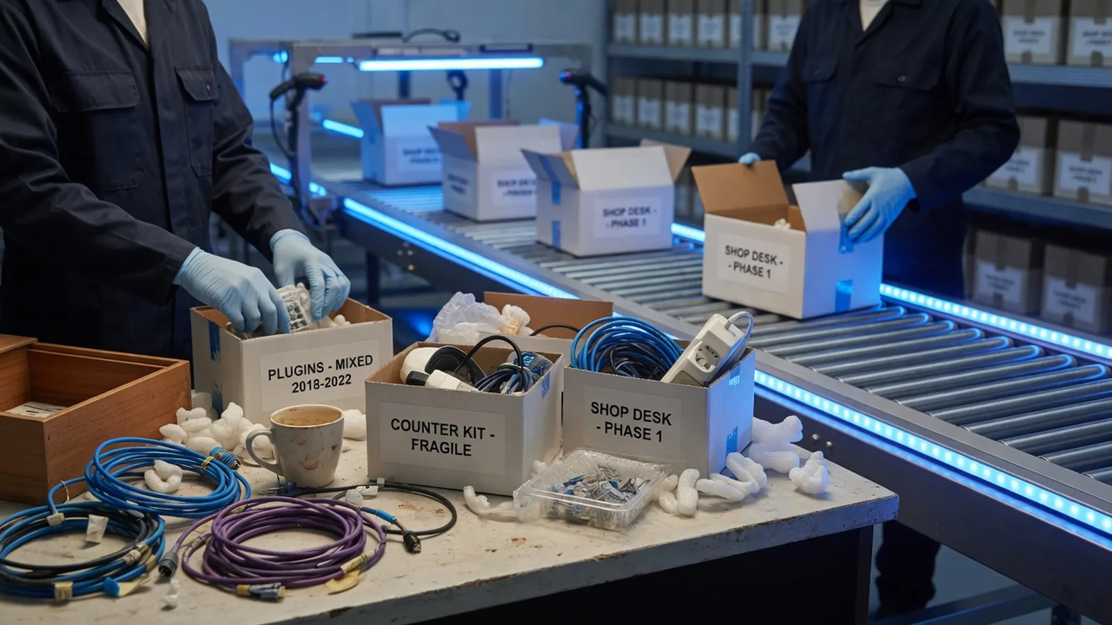 Small shop desk with tangled plugin cables being packed into archival boxes on a conveyor toward a modern warehouse